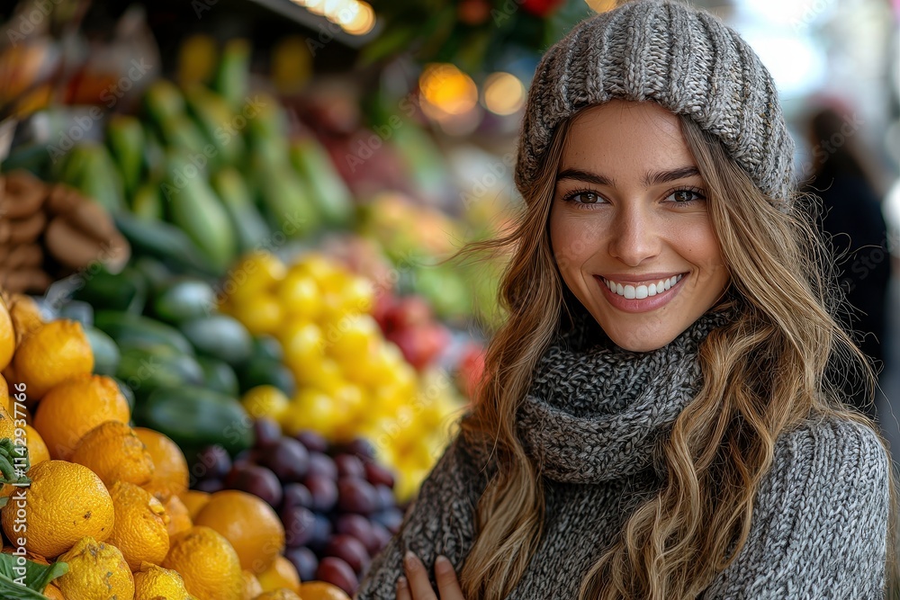 Cheerful Female Shopper in Grocery Produce Section Cheerful Female Shopper in Grocery Produce Section