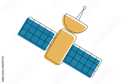 Artificial satelite in orbit around earth. Flat style. On white background. Thin line.