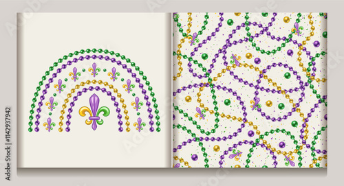 Seamless Mardi Gras pattern with randomly scattered beads, interlaced strings beads on white textured background. Rainbow shaped composition made with bead strings, Fleur de Lis sign.
