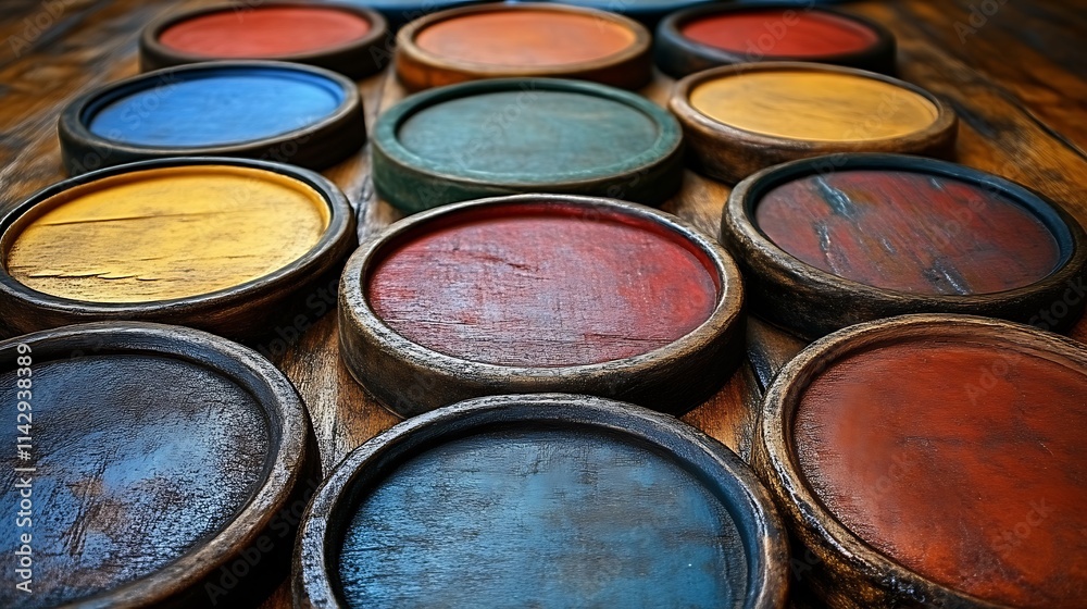 Colorful Wooden Round Trays Arranged On A Table Colorful Wooden Round Trays Arranged On A Table