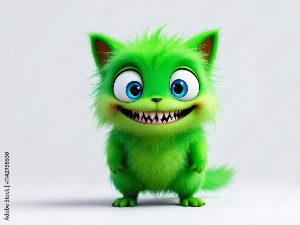 Obraz premium Cute, monster, yellow, furry, smiling, cartoon, happy, friendly, big eyes, horns, teeth, playful, funny, character, creature, fantasy, illustration, digital art, 3D, rendering, silly, goofy, whimsical