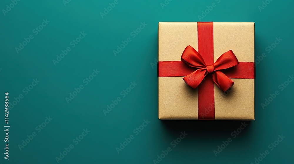 Minimal Kraft Gift Box With Red Ribbon On Blue Background Minimal Kraft Gift Box With Red Ribbon On Blue Background