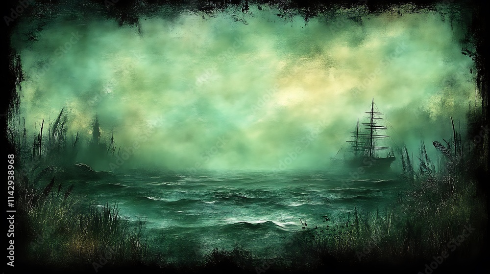 A lone sailing ship in a misty green sea