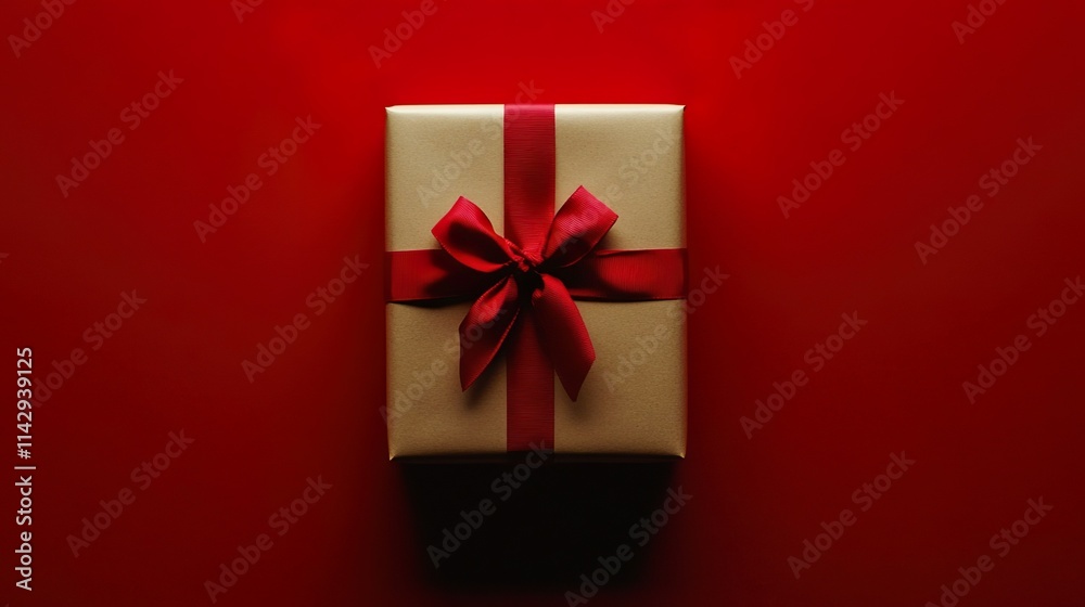 Stylish Red Bow on Kraft Gift Box With Red Surface Flatlay Composition
