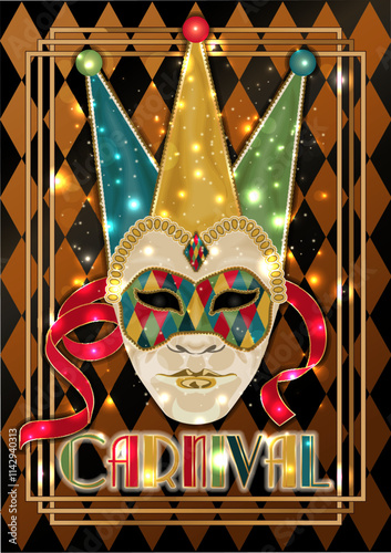 Happy Carnival mask , vip card in art deco style , vector illustration