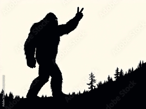 A silhouette of a sasquatch making a peace sign with its hand. photo