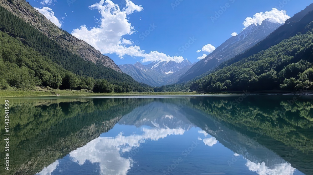 tranquil lake nestled in majestic mountains, reflecting the clear blue sky and surrounding nature, capturing the peaceful essence of a serene outdoor escape