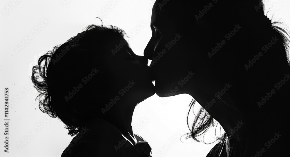 Child Shadow. Young Mother Kissing Her Son with Love and Affection Child Shadow. Young Mother Kissing Her Son with Love and Affection
