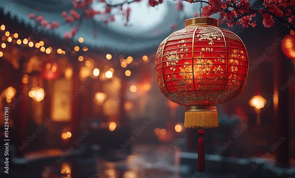 A red lantern hanging from a tree, glowing softly in the night
A red lantern hanging from a tree, glowing softly in the night