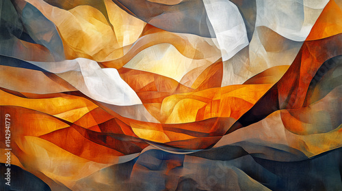 Abstract Art, Earth Tones, Surreal Landscape, Irregular Shapes, Dramatic Lighting