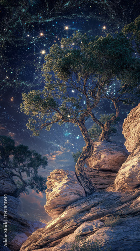 Mystical Trees, Quantum Entanglement, Dusk Landscape, Digital Painting, Nature Harmony