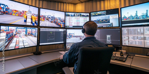 Container terminal operator at work in a control room