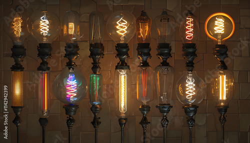 assortimento di lampadine in stile antico a bulbo incandescente con colori caldi illuminano lo schermo, Assortment of antique style incandescent bulb bulbs with warm colors light up the screen photo