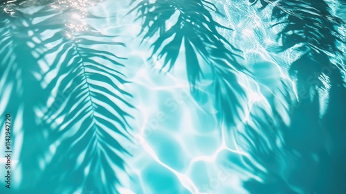 tropical summer setting with a refreshing swimming pool, exotic leaf shadows dance across the surface, invoking a relaxed ambiance