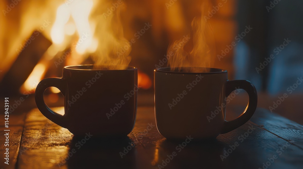 two steaming mugs of coffee placed by a cozy fireplace, capturing the essence of a warm and inviting autumn evening, perfect for relaxation and connection two steaming mugs of coffee placed by a cozy fireplace, capturing the essence of a warm and inviting autumn evening, perfect for relaxation and connection