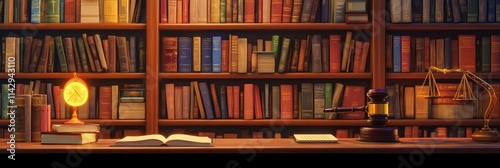 Law library at night with books, gavel, scales of justice, and lamp.