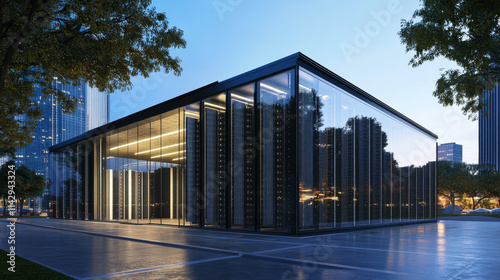 Modern Glass Quantum Data Center Urban Setting 3D Rendering