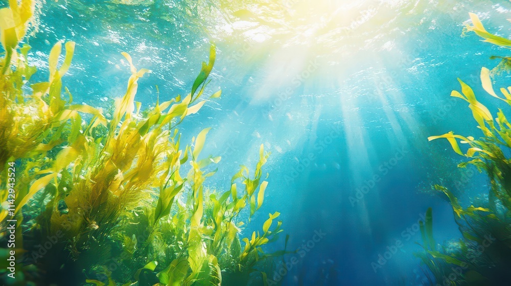Naklejka premium underwater seascape showcasing vibrant seaweed swaying in natural sunlight, creating a serene marine landscape filled with tranquility and life