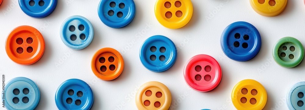 Colorful plastic buttons scattered playfully on a white background in vibrant hues Colorful plastic buttons scattered playfully on a white background in vibrant hues