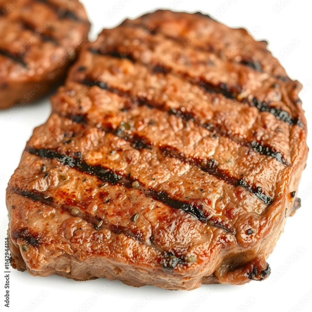 A perfectly grilled steak with grill marks, juicy and tender, isolated on white background, full depth of field. A perfectly grilled steak with grill marks, juicy and tender, isolated on white background, full depth of field.