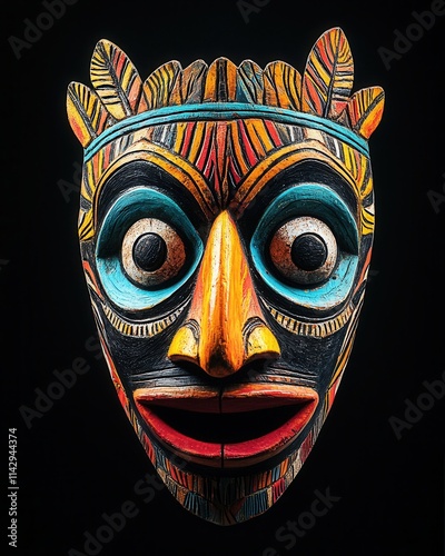 Vibrant tribal mask showcasing intricate carvings and colorful patterns, reflecting cultural heritage and artistry photo