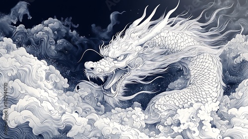 Powerful White Dragon Against a Bold Black Background, Radiating Strength
