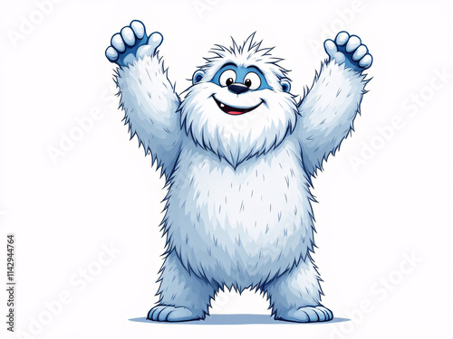 Happy baby yeti with arms raised, smiling joyfully.