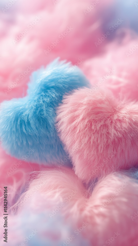 Soft fuzzy heart shapes in pink and blue resting on a fluffy pastel background create a whimsical and playful atmosphere for Valentine's Day or any celebration of love Soft fuzzy heart shapes in pink and blue resting on a fluffy pastel background create a whimsical and playful atmosphere for Valentine's Day or any celebration of love