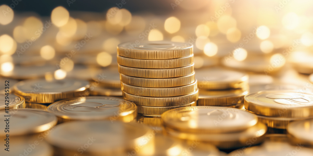 Stacked golden coins shine brightly, symbolizing wealth and prosperity Stacked golden coins shine brightly, symbolizing wealth and prosperity