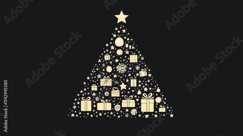 Stylized Christmas tree made of small icons, monochrome vector illustration on a black background. Abstract Christmas symbol in the shape of a pyramid with gifts and stars.