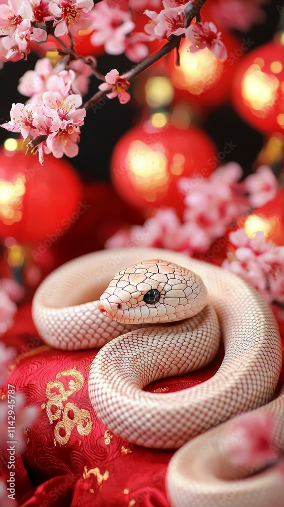 Fototapeta premium Adorable Golden Baby Snake Curled on Silk Fabric