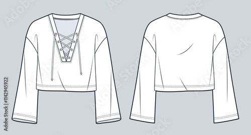 Lace Up Top technical fashion illustration. Cropped Shirt fashion flat technical drawing template, v neck, bell sleeves, relaxed fit, front and back view, white, women, men, unisex CAD mockup.