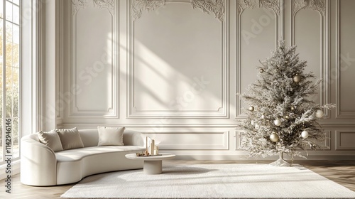 White cozy interior of Christmas house with copy space