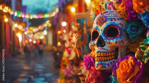 vibrant day of the dead decorations lining a festive mexican street, capturing cultural richness and celebration with vivid colors and intricate designs