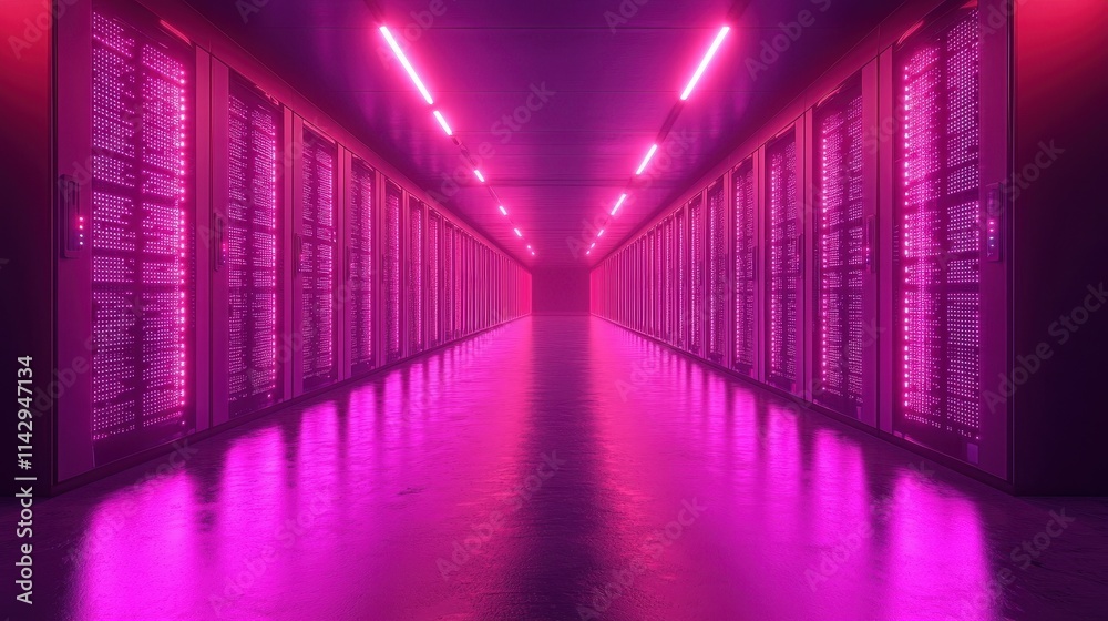 Fototapeta premium Neon Pink Data Center Aisle with Bright Lighting