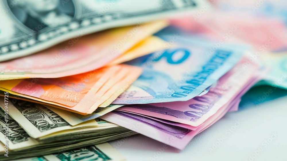Diverse Currency Notes Stacked Together in Close-Up View Diverse Currency Notes Stacked Together in Close-Up View