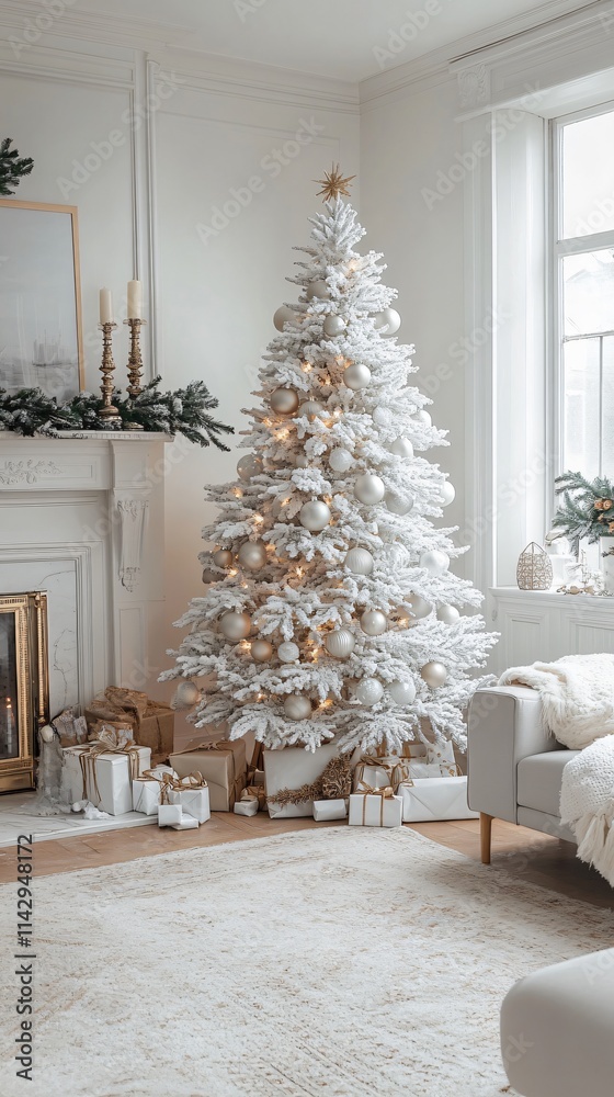 White living room interior with Christmas tree White living room interior with Christmas tree