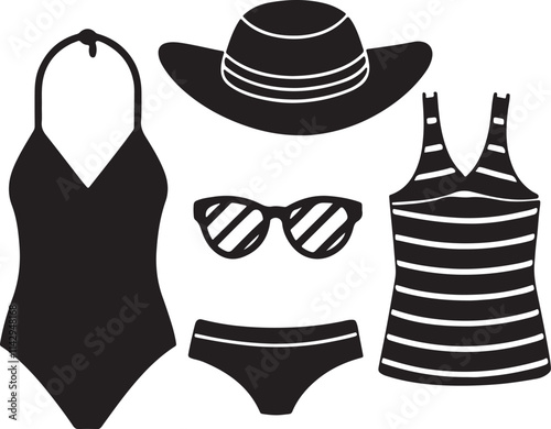 summer fashion swimsuits flip flops sun hats 