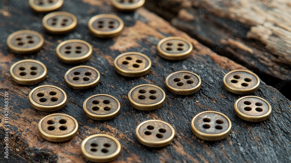 Close-up view of aged brass buttons showcasing rustic charm and intricate detail Close-up view of aged brass buttons showcasing rustic charm and intricate detail