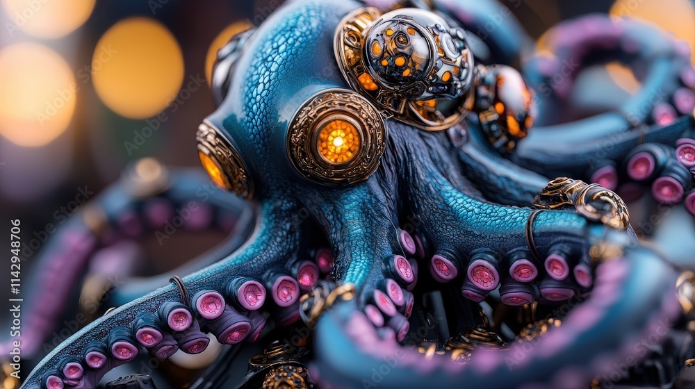 Fototapeta premium This detailed close-up image of a blue octopus artwork reveals an intricate design and rich textures, showcasing the beauty and mystery of ocean life in an artistic form.