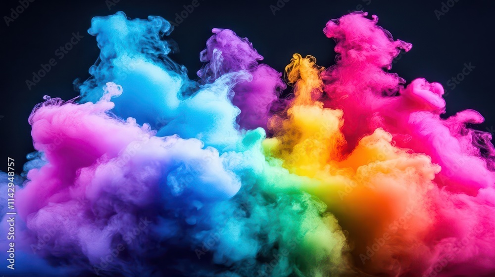 Fototapeta premium vibrant plumes of multicolored smoke swirl against a dark background, creating an abstract explosion of color that evokes a sense of energy and dynamism