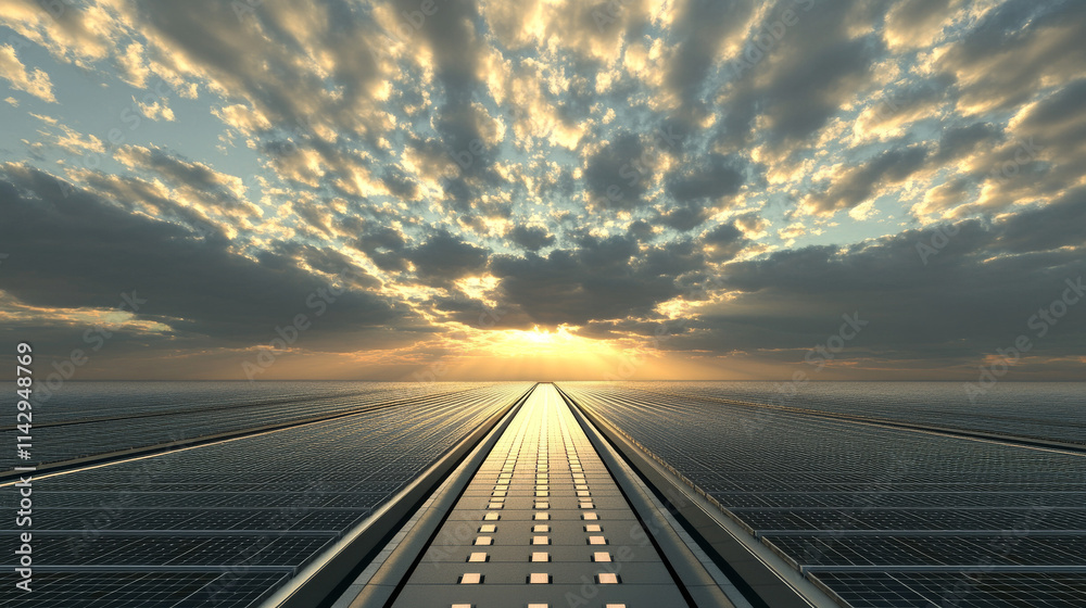 Obraz premium Solar Roadway, Sunset, Renewable Energy, Sustainable, Future