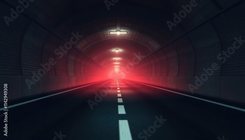 Empty dark tunnel with red light. Asphalt road extends into tunnel. Night scene suggests racing speed. Tunnel walls dark gray. Red light source suggests high speed. Modern racing concept. Suitable photo