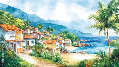 vibrant watercolor depiction of a tropical seaside village, replete with colorful homes and lush greenery, invoking a sense of paradise and relaxation photo