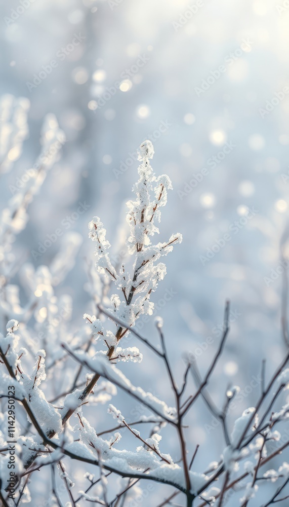 Winter scene shows snowy branches with delicate crystalline structures. Softly falling snow creates surreal dreamlike atmosphere. Gentle hues, ethereal lighting highlight cold beauty of nature.