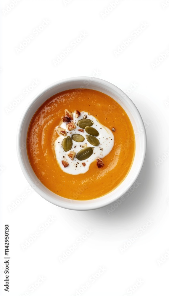 Minimalist Overhead Shot of Butternut Squash Soup Garnished with Pumpkin Seeds Minimalist Overhead Shot of Butternut Squash Soup Garnished with Pumpkin Seeds