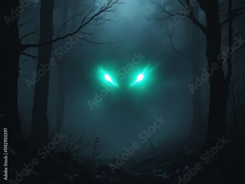 Glowing green eyes of a monster lurking in a dark, foggy forest.