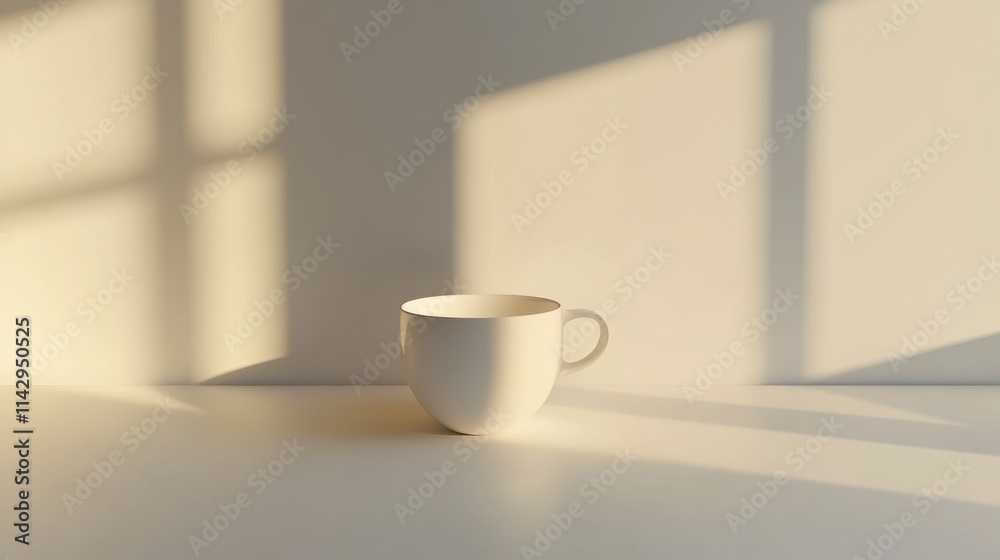 Minimalist White Coffee Cup on Soft Background with Natural Light Creating Beautiful Shadows and Highlights for a Serene and Calming Atmosphere Minimalist White Coffee Cup on Soft Background with Natural Light Creating Beautiful Shadows and Highlights for a Serene and Calming Atmosphere