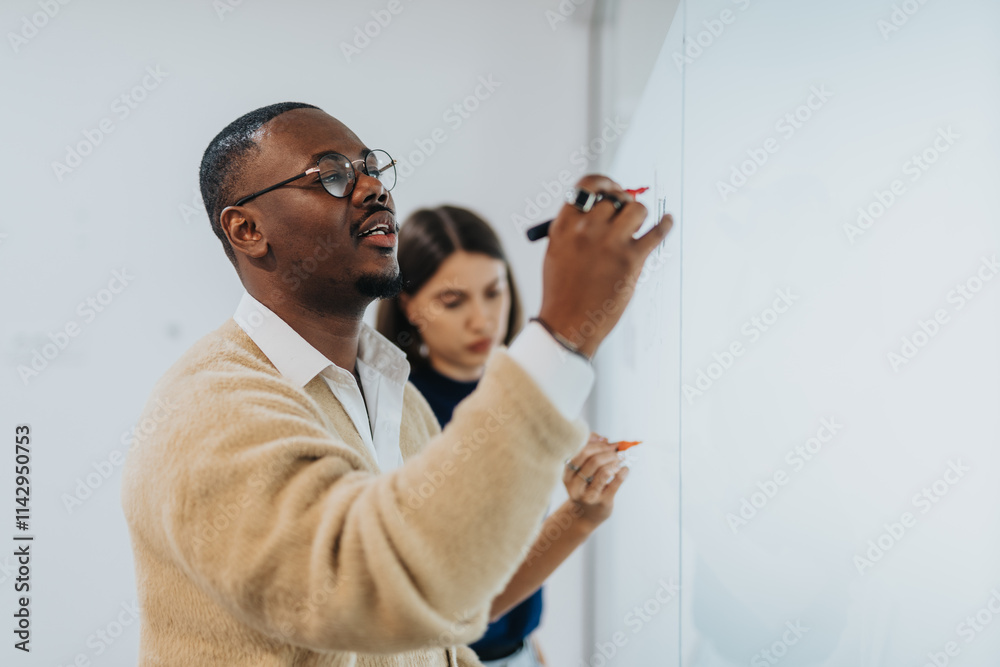 Fototapeta premium Two colleagues collaborate on a whiteboard, sharing ideas and strategies during a project brainstorming session. The creative atmosphere fosters teamwork and problem-solving in a modern office.