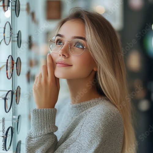 Vision-impaired woman selects glasses at an optician's.